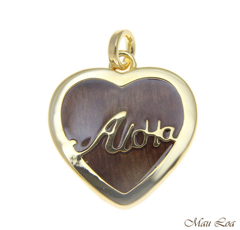Koa Wood Hawaiian Scroll Aloha Heart Yellow Gold Plated Brass Reversible Pendant