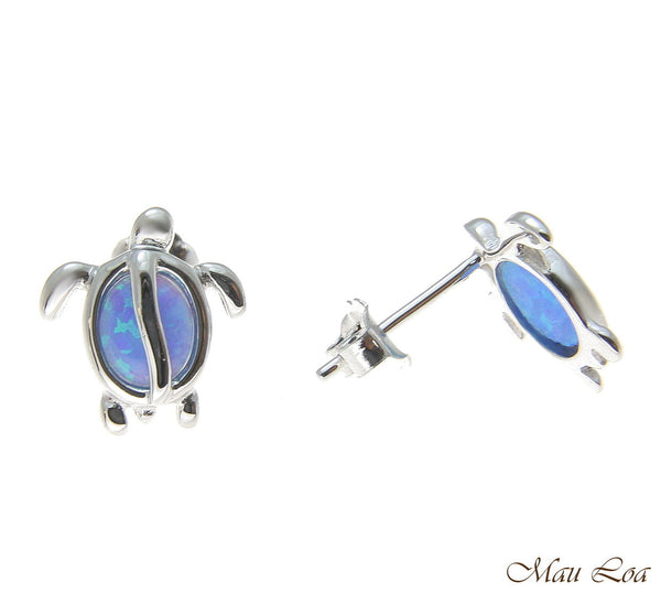 925 Sterling Silver Rhodium Hawaiian Honu Turtle Blue Opal Post Stud Earrings