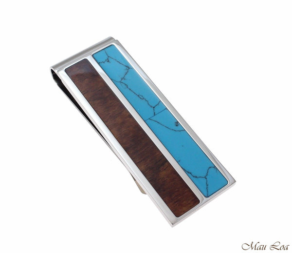 Stainless Steel Genuine Hawaiian Koa Wood Turquoise 20mm Money Clip Cash Holder