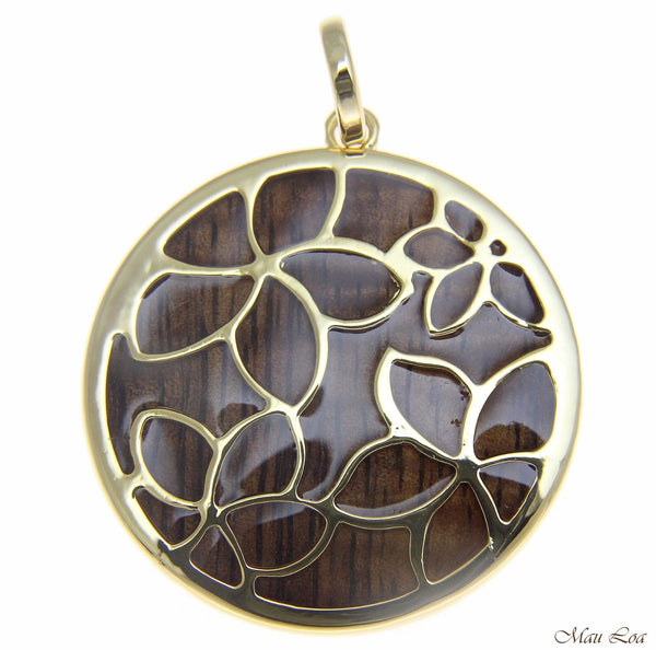 Koa Wood Hawaiian Scroll Plumeria Flower Yellow Gold Brass Reversible Pendant
