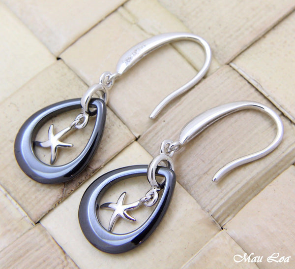 925 Silver Rhodium Hawaiian Starfish Sea Star Black Ceramic Tear Drop Earrings