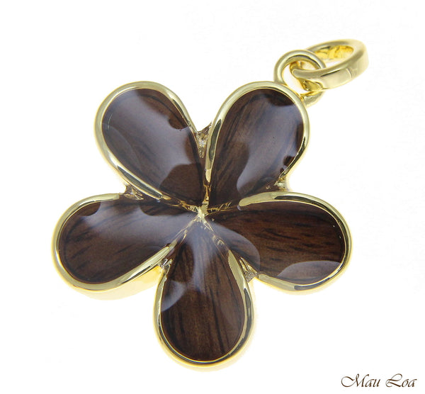 Koa Wood Hawaiian 28mm Plumeria Flower Yellow Gold Plated Brass Pendant