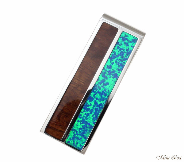 Stainless Steel Genuine Hawaiian Koa Wood Blue Opal 20mm Money Clip Cash Holder