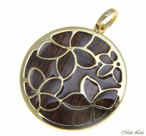 Koa Wood Hawaiian Scroll Plumeria Flower Yellow Gold Brass Reversible Pendant