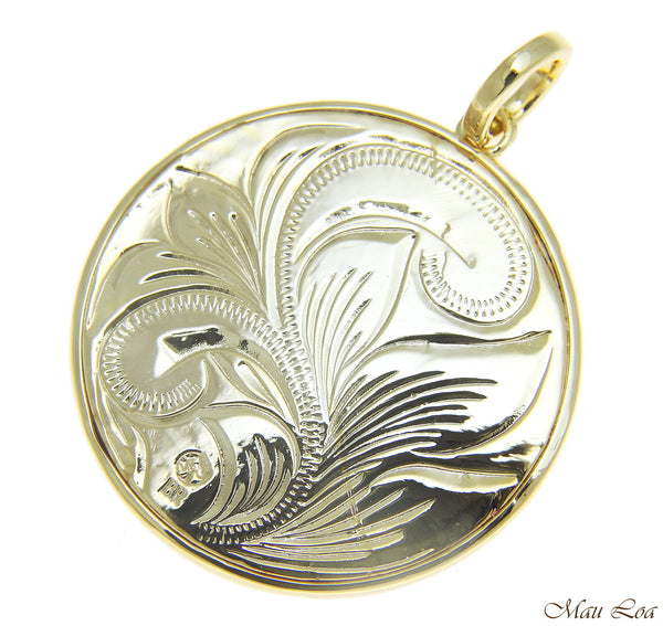 Koa Wood Hawaiian Scroll Plumeria Flower Yellow Gold Brass Reversible Pendant