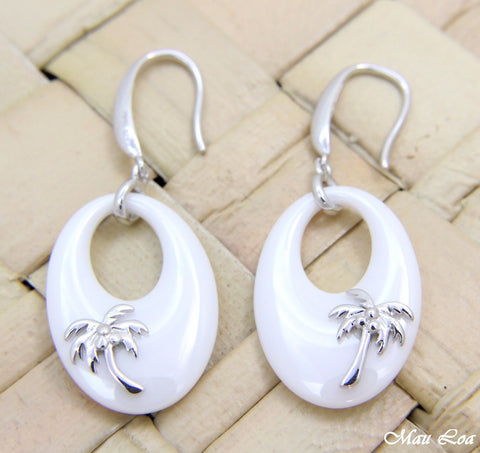 925 Sterling Silver Rhodium Hawaiian Palm Tree White Ceramic Oval Hook Earrings