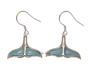 925 Sterling Silver Hawaiian Whale Tail Natural Larimar Hook Dangle Earrings