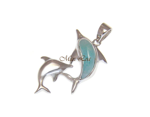 925 Sterling Silver Natural Blue Larimar Hawaiian Double Dolphin Pendant Charm