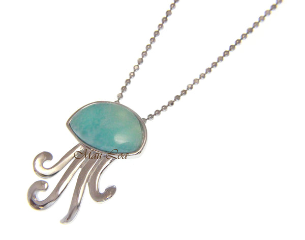 925 Sterling Silver Hawaiian Jellyfish Natural Blue Larimar Pendant Charm