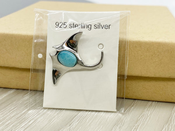 925 Sterling Silver Hawaiian Manta Ray Natural Blue Larimar Pendant Charm