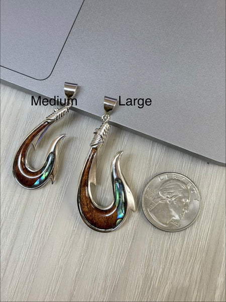 925 Sterling Silver Hawaiian Koa Wood Fish Hook Abalone Paua Shell Pendant