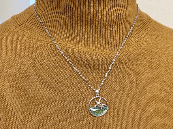 Stainless steel Hawaiian Jewelry Ocean Wave Honu Sea Turtle Blue Glass Pendant Charm Chain Included