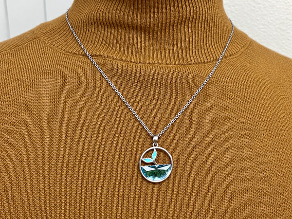 Stainless steel Hawaiian Jewelry Ocean Wave Whale Tail Blue Enamel Glass Pendant Charm Chain Included