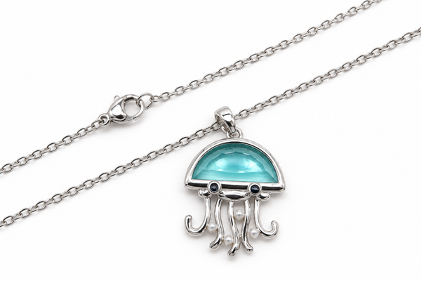 Stainless steel Hawaiian Jewelry Jelly Fish Blue Enamel Glass Pendant Charm Chain Included