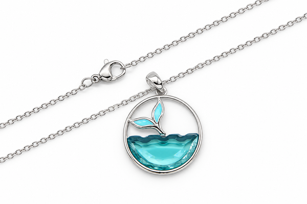 Stainless steel Hawaiian Jewelry Ocean Wave Whale Tail Blue Enamel Glass Pendant Charm Chain Included