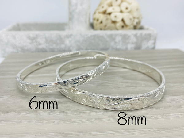 925 sterling silver Hawaiian scroll plumeria 8mm thick heavy wave engrave bangle size 7-9
