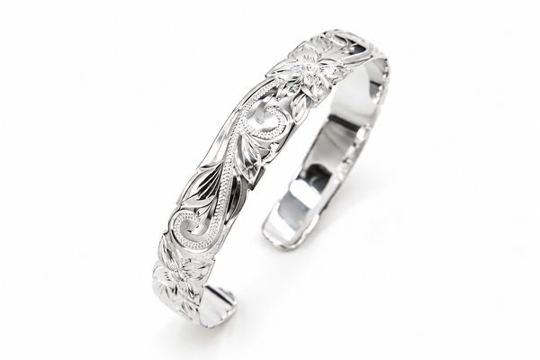 925 Sterling Silver Hawaiian Scroll Plumeria Flower Cut Out Edge Open Cuff 10mm Bangle