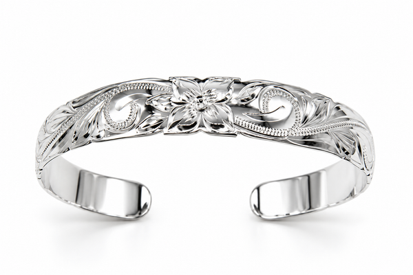 925 Sterling Silver Hawaiian Scroll Plumeria Flower Cut Out Edge Open Cuff 10mm Bangle