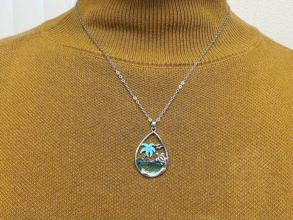 Stainless steel Hawaiian Jewelry Ocean Wave Palm Tree Honu Bird Tear Drop Blue Enamel Glass Pendant Charm Necklace Chain Included