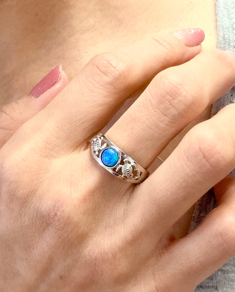 925 Sterling Silver Rhodium Hawaiian Honu Turtle Blue Opal Ring Size 5-10