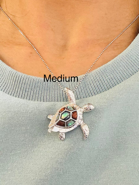 925 Sterling Silver Hawaiian Koa Wood Turtle Honu Abalone Paua Shell Pendant