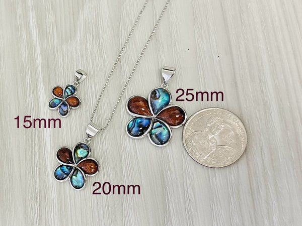925 Sterling Silver Hawaiian Koa Wood Plumeria Flower Abalone Paua Shell Pendant
