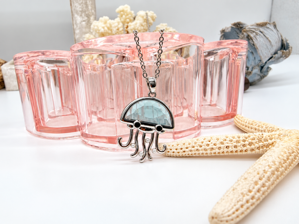 Stainless steel Hawaiian Jewelry Jelly Fish Blue Enamel Glass Pendant Charm Chain Included