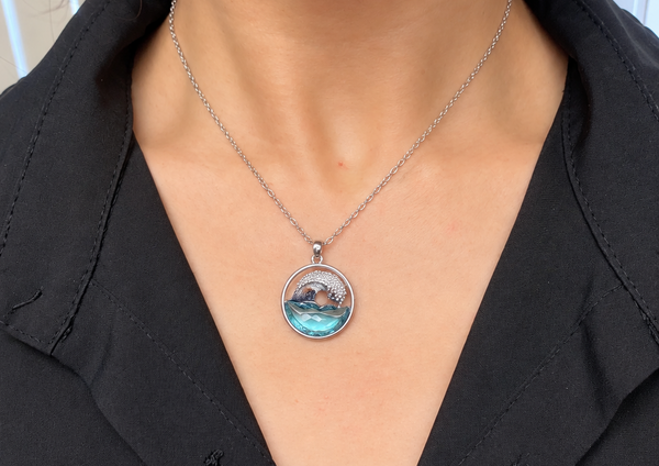 Stainless steel Hawaiian Jewelry Ocean Wave Blue Glass Pendant Charm Necklace Chain Included