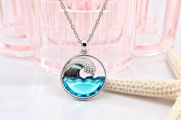 Stainless steel Hawaiian Jewelry Ocean Wave Blue Glass Pendant Charm Necklace Chain Included
