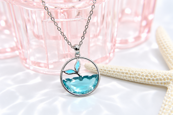 Stainless steel Hawaiian Jewelry Ocean Wave Whale Tail Blue Enamel Glass Pendant Charm Chain Included