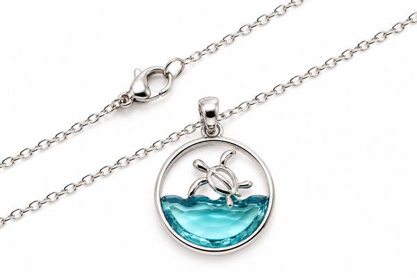 Stainless steel Hawaiian Jewelry Ocean Wave Honu Sea Turtle Blue Glass Pendant Charm Chain Included