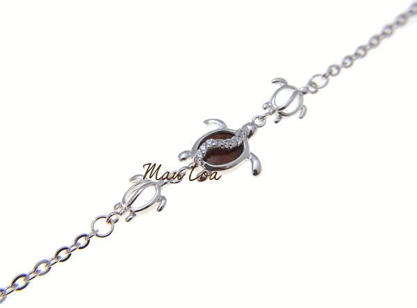 925 Sterling Silver Rhodium Hawaiian Koa Wood CZ Honu Turtle Bracelet 7" + 2"
