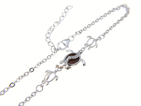 925 Sterling Silver Rhodium Hawaiian Koa Wood CZ Honu Turtle Anklet 9"+