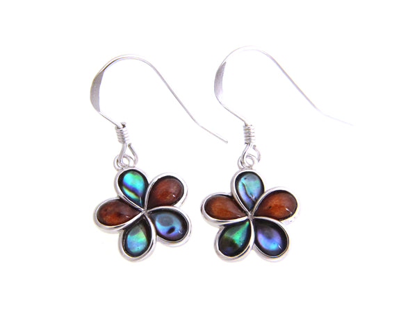 925 Sterling Silver Abalone Shell Koa Wood Hawaiian Plumeria Hook Wire Earrings