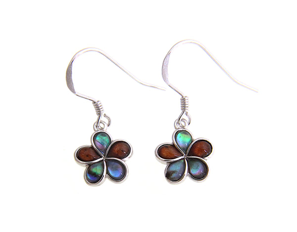 925 Sterling Silver Abalone Shell Koa Wood Hawaiian Plumeria Hook Wire Earrings