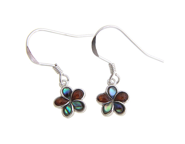 925 Sterling Silver Abalone Shell Koa Wood Hawaiian Plumeria Hook Wire Earrings