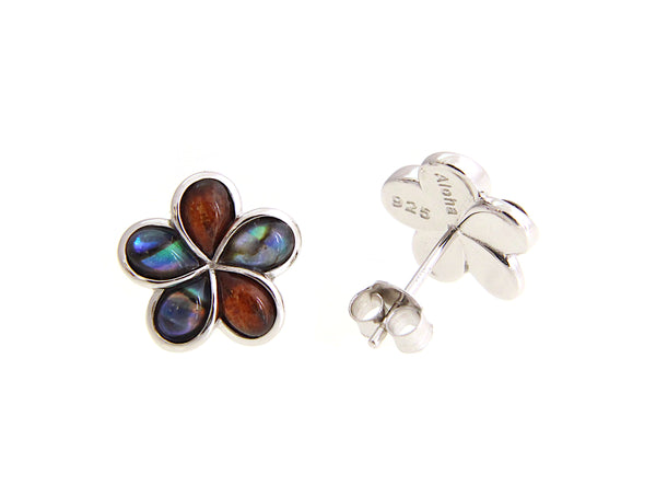 925 Sterling Silver Abalone Shell Koa Wood Hawaiian Plumeria Flower Earrings