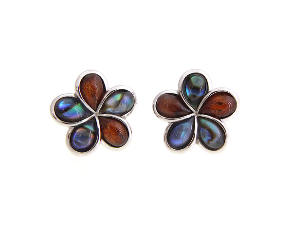 925 Sterling Silver Abalone Shell Koa Wood Hawaiian Plumeria Flower Earrings