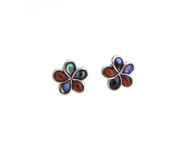 925 Sterling Silver Abalone Shell Koa Wood Hawaiian Plumeria Flower Earrings