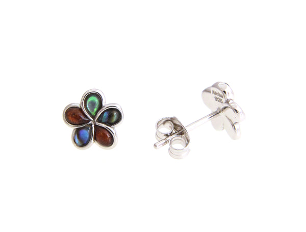 925 Sterling Silver Abalone Shell Koa Wood Hawaiian Plumeria Flower Earrings