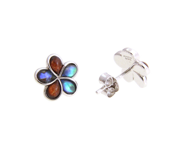 925 Sterling Silver Abalone Shell Koa Wood Hawaiian Plumeria Flower Earrings