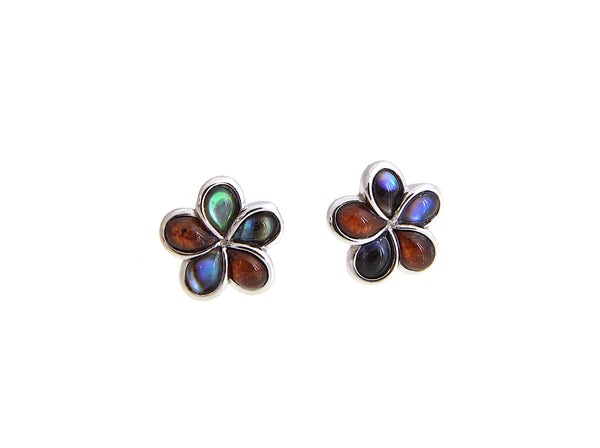 925 Sterling Silver Abalone Shell Koa Wood Hawaiian Plumeria Flower Earrings