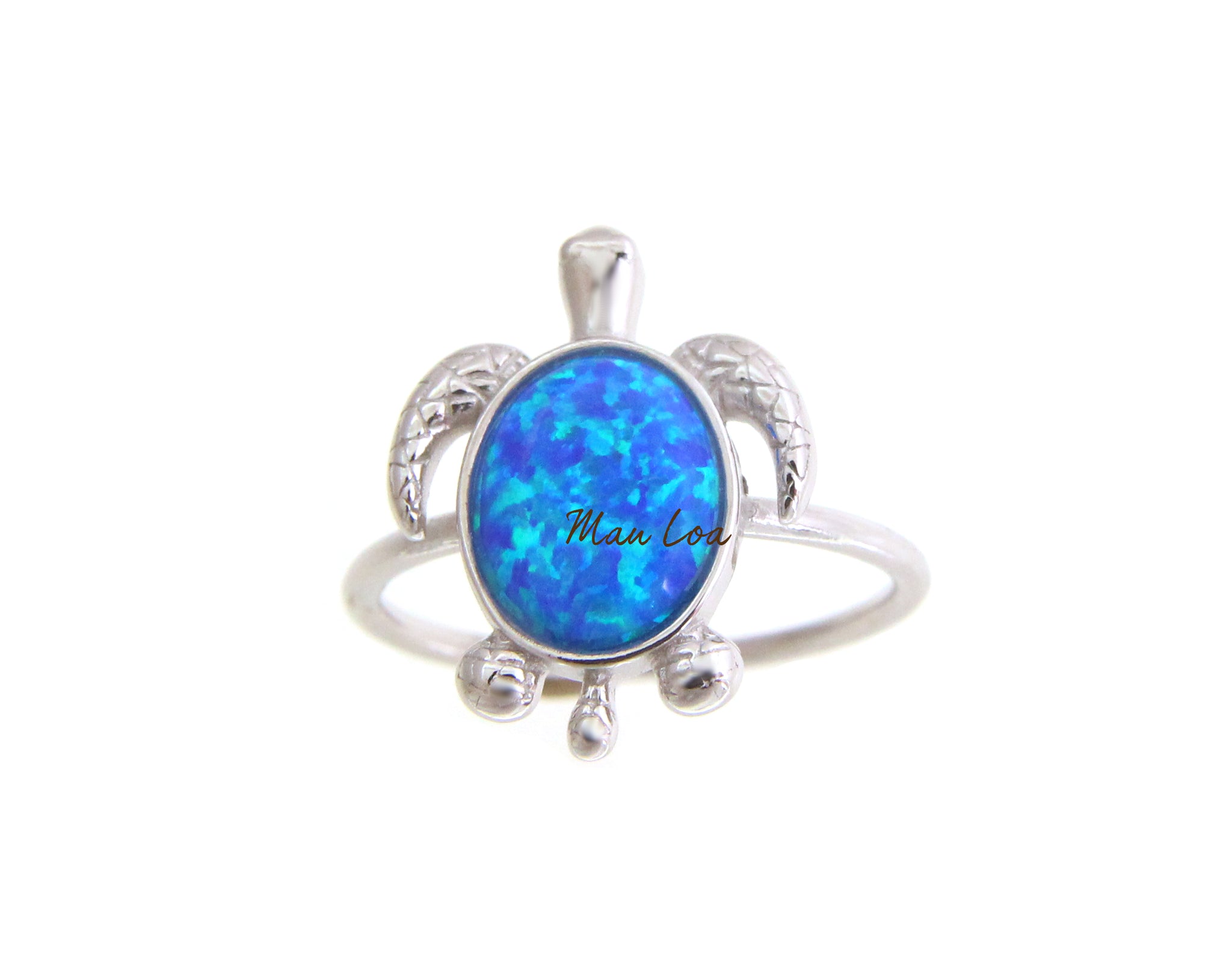 925 Sterling Silver Hawaiian Honu Sea Turtle Blue Opal Ring Size 5-10