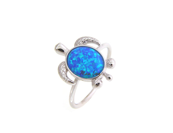 925 Sterling Silver Hawaiian Honu Sea Turtle Blue Opal Ring Size 5-10