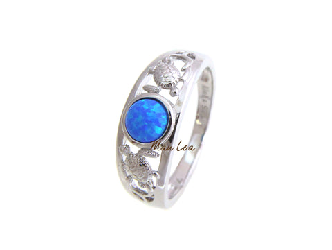 925 Sterling Silver Rhodium Hawaiian Honu Turtle Blue Opal Ring Size 5-10