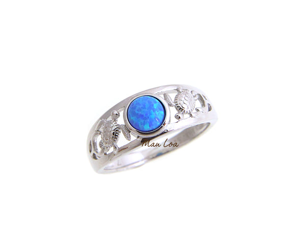 925 Sterling Silver Rhodium Hawaiian Honu Turtle Blue Opal Ring Size 5-10
