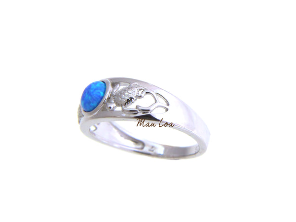 925 Sterling Silver Rhodium Hawaiian Honu Turtle Blue Opal Ring Size 5-10