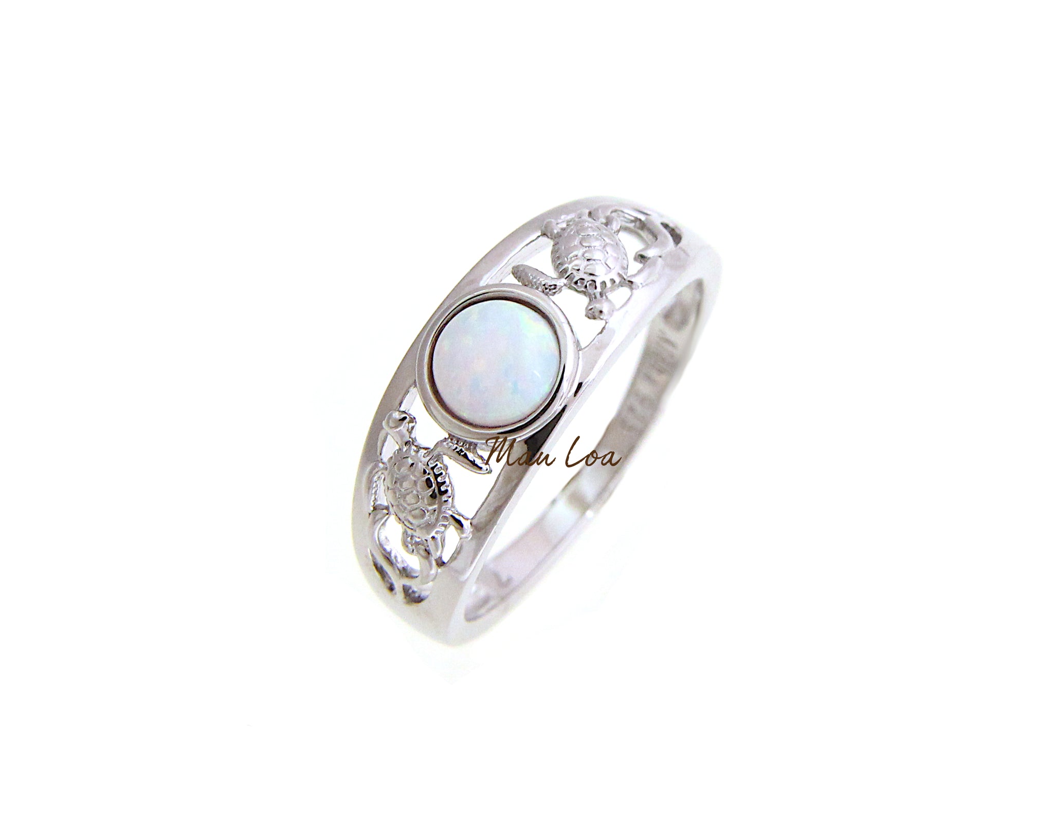 925 Sterling Silver Rhodium Hawaiian Honu Turtle White Opal Ring Size 5-10