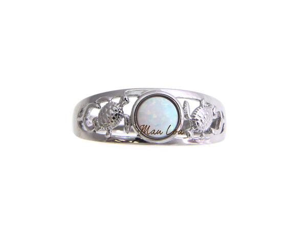 925 Sterling Silver Rhodium Hawaiian Honu Turtle White Opal Ring Size 5-10