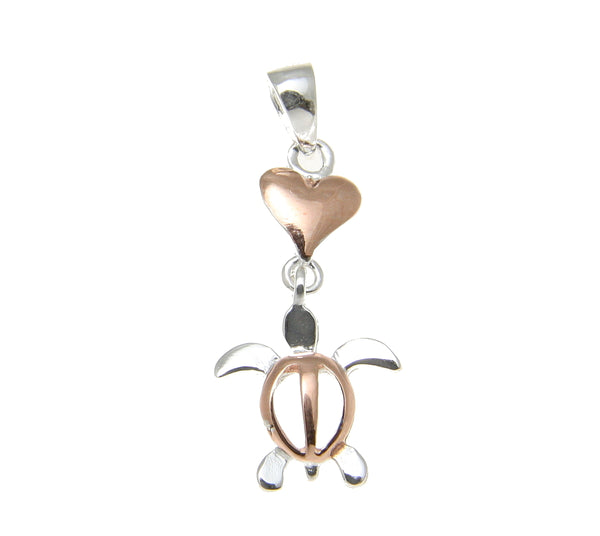 925 sterling silver rose gold plated 2 tone Hawaiian heart dangle honu pendant